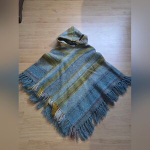 Striped Hooded Poncho with Fringe